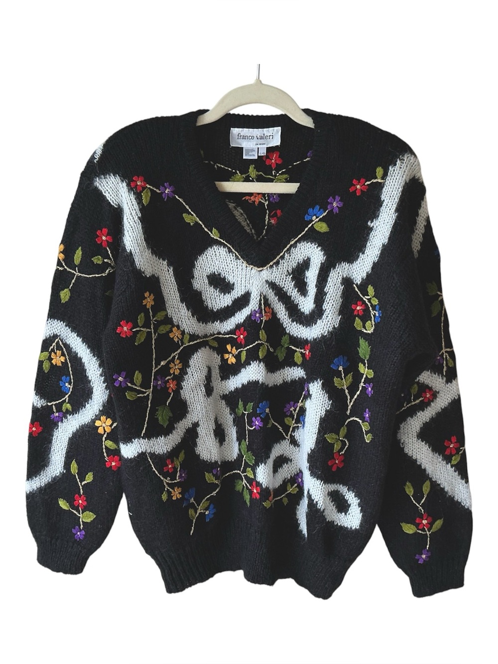 Vintage Franco Valeri Mohair Blend Bows & Flowers Black Sweater Size L